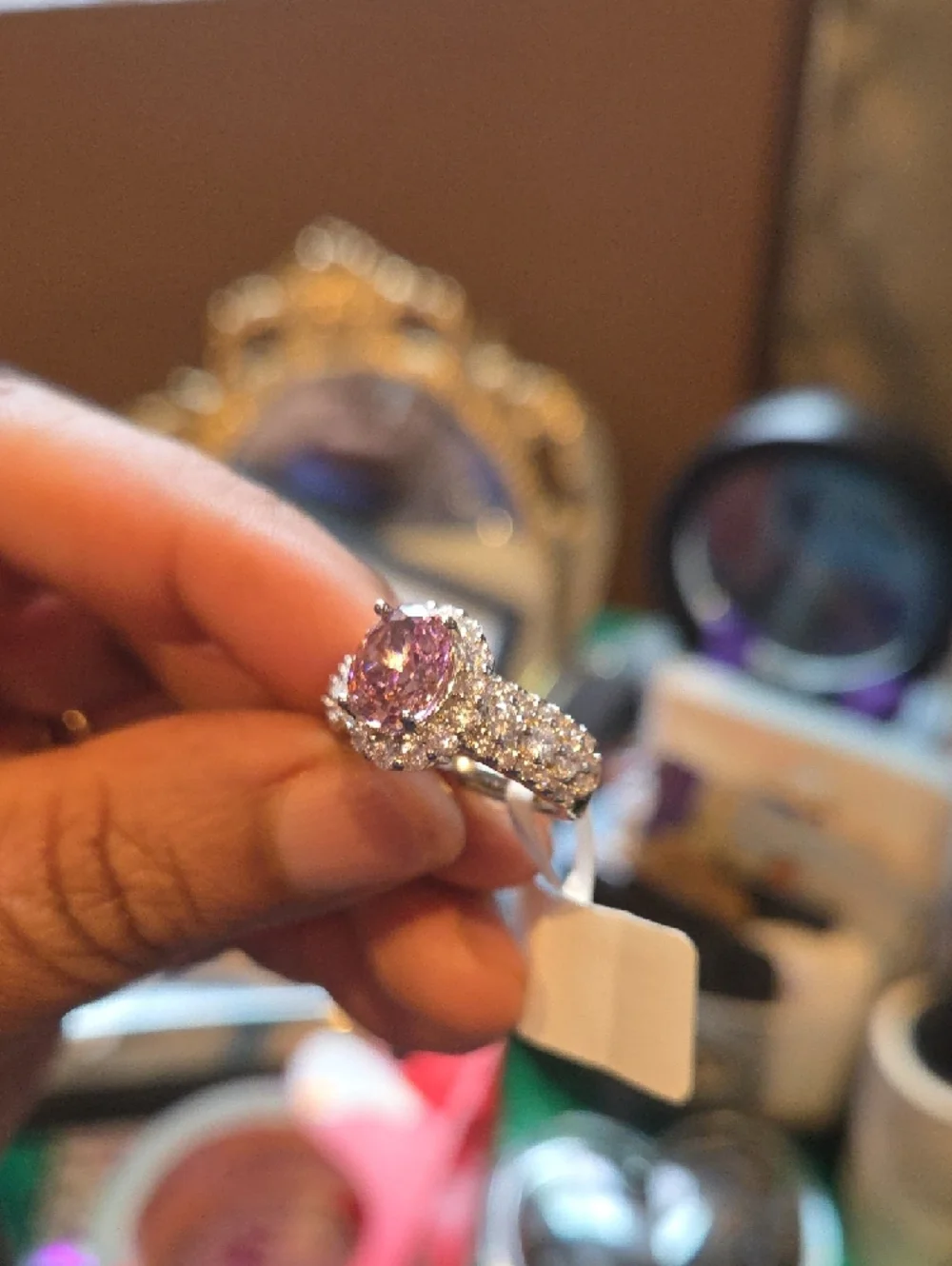 Pink Oval Halo CZ Ring - Women Jewelry - Picture 6 of 12